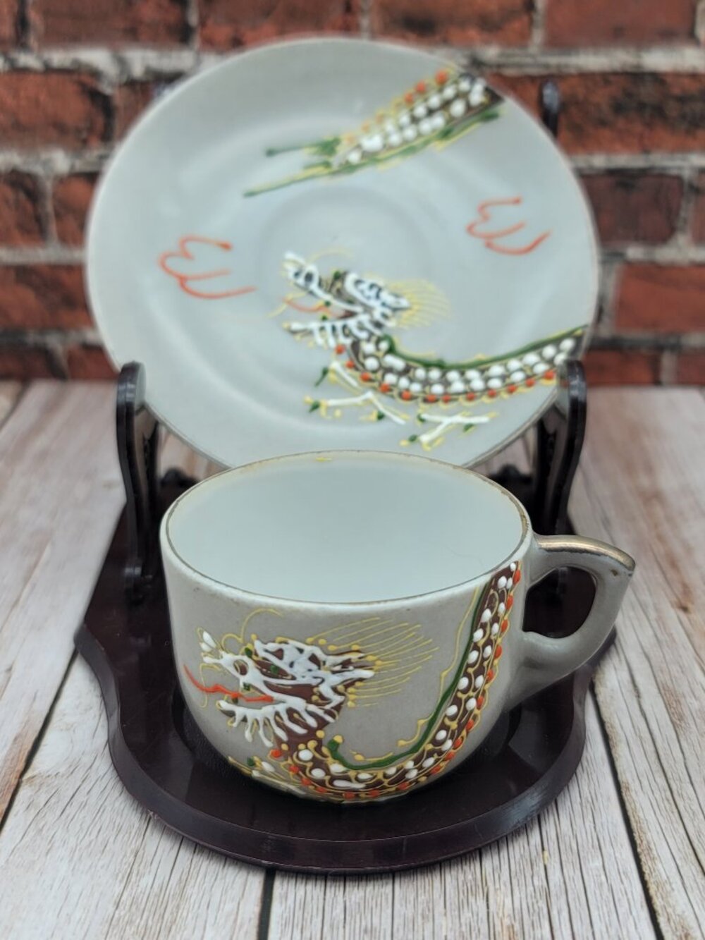 Occupied Japan Hand painted Gray Moriage Porcelain Dragonware Mini Cup & Saucer - Picture 3 of 12
